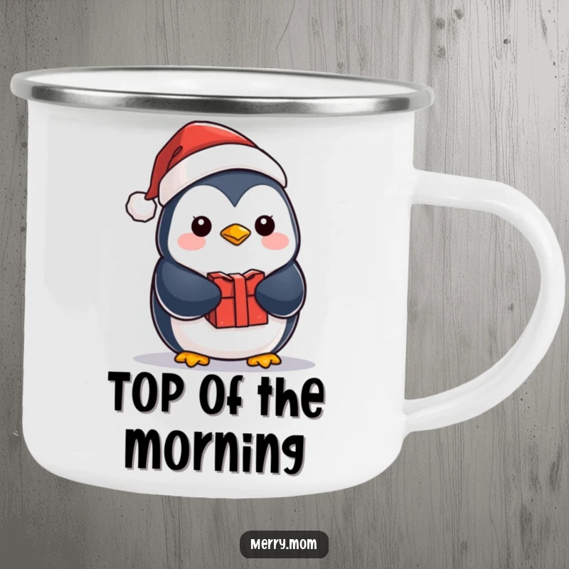 Funny kawaii penguin in a Santa hat, holding a gift, ready for outdoor fun on a durable and festive camping mug.