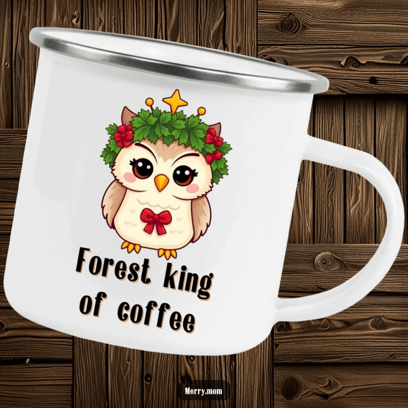 Funny camping mug depicting a whimsical owl with a Christmas wreath crown, perfect for festive outdoor enjoyment.