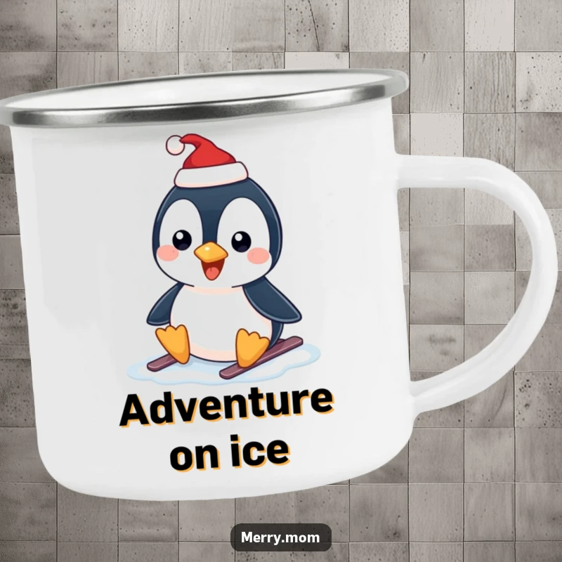 Funny camping mug with a happy penguin wearing a Santa hat, sliding on ice, built for winter adventures.