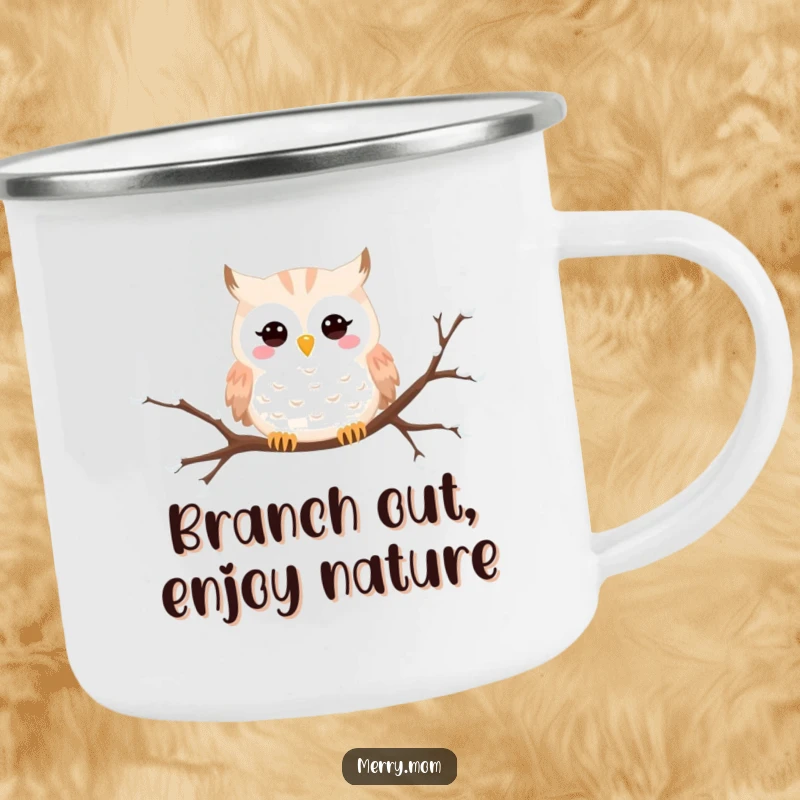 Funny Snowy Owl camping mug with a happy owl peeking from a snowy branch, ready for winter adventures.