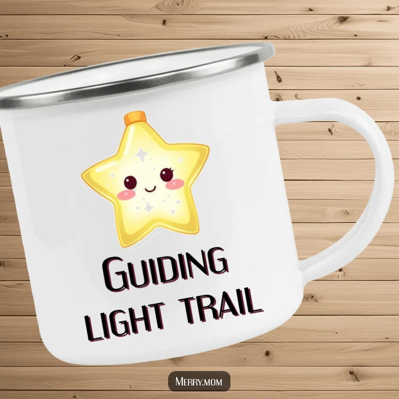 Funny camping mug with a glowing Christmas star character shining brightly, perfect for outdoor drinks and starry nights.