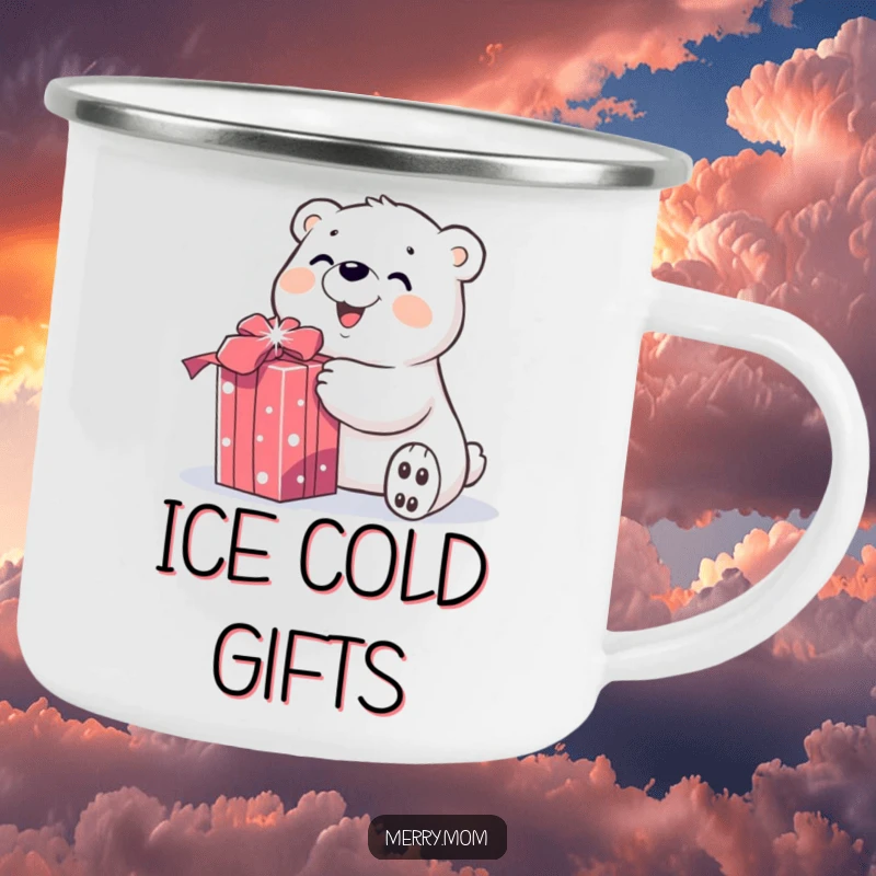 Funny camping mug featuring a smiling polar bear character joyfully unwrapping a sparkly gift, perfect for outdoor holiday cheer.