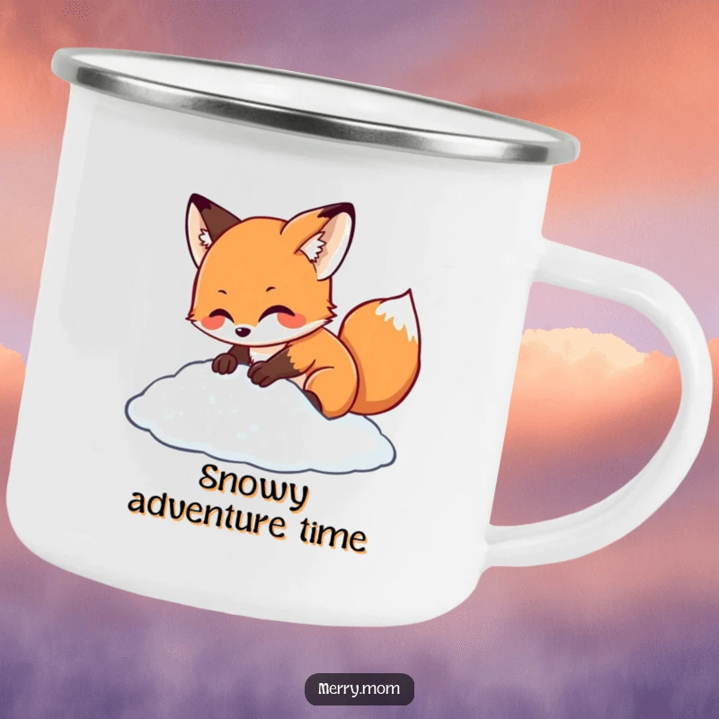 Kawaii fox character digging in sparkling snow, a durable and humorous camping mug for winter enthusiasts.