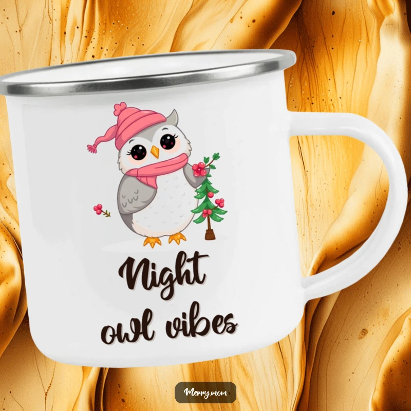 Kawaii owl mom character decorating a small Christmas tree, a durable and humorous camping mug for holiday enthusiasts.