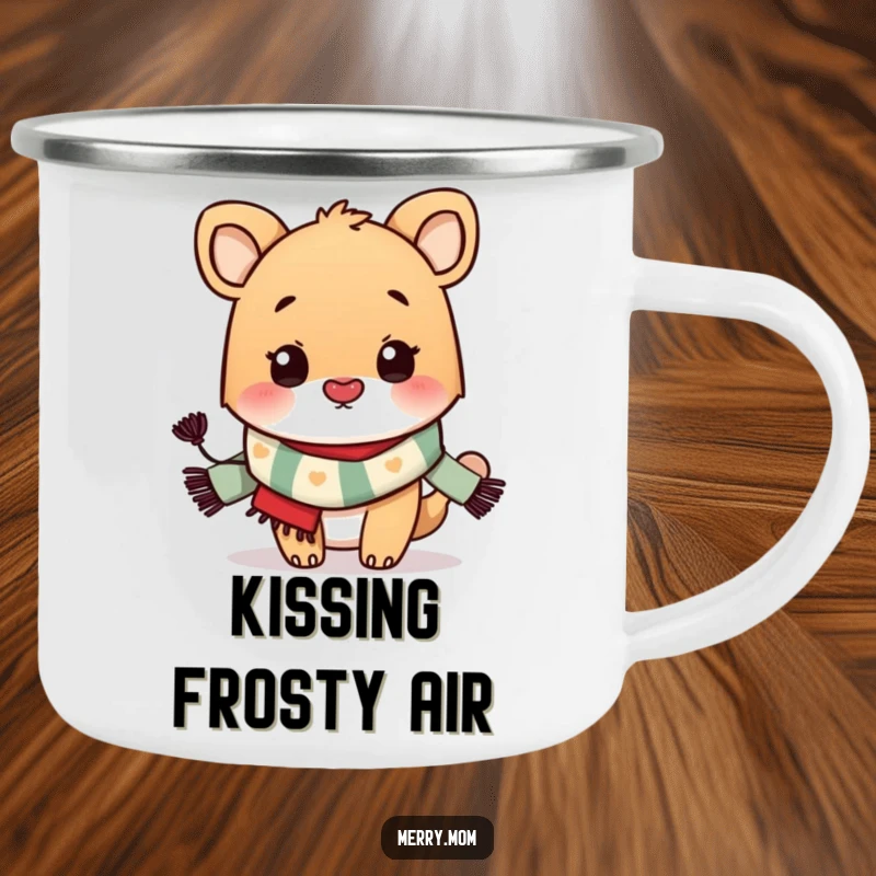 Funny Camping Mug: Enamel cup featuring a festive animal in a scarf blowing a kiss, perfect for outdoor fun.