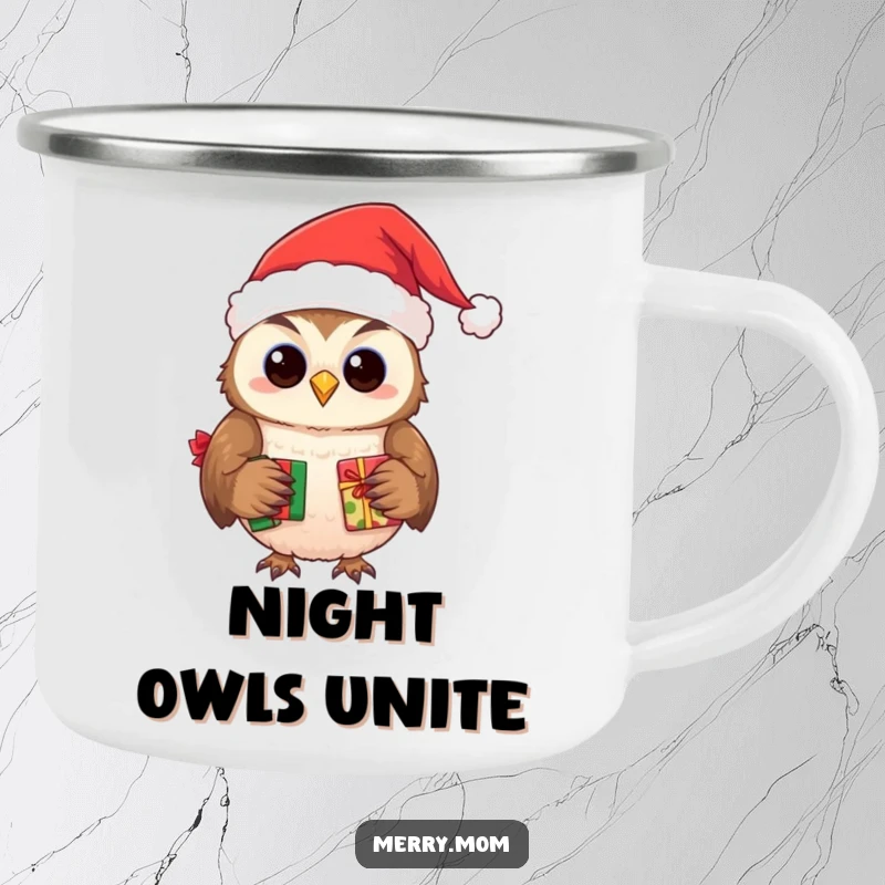 Funny camping mug featuring a smiling owl in a Santa hat, delivering presents outdoors.