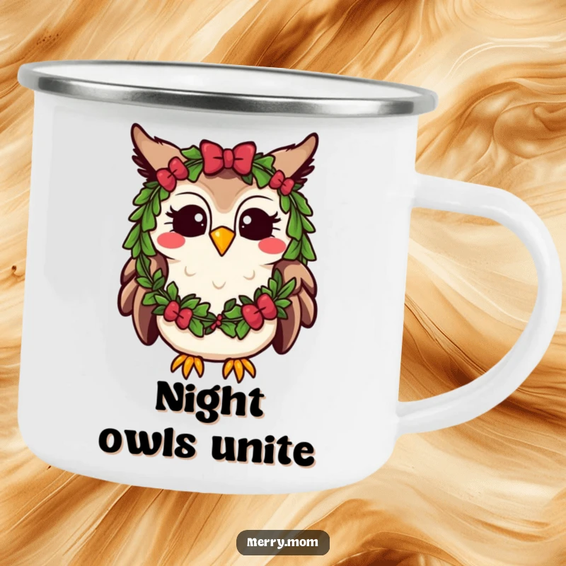 Funny Kawaii Owl Camping Mug, durable for outdoor fun, adorned with a festive wreath and hooting happily.
