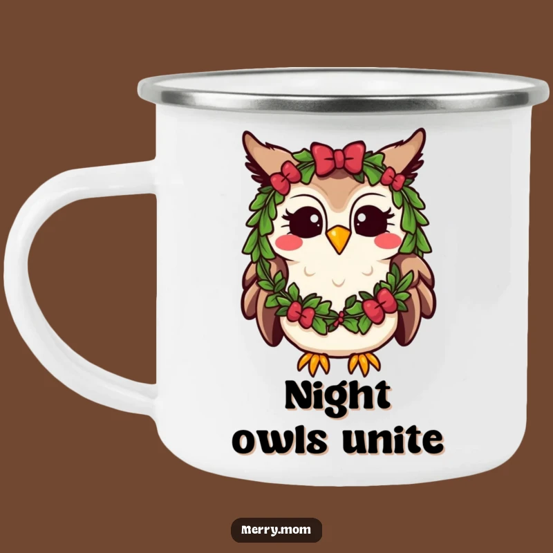 Funny Kawaii Owl Camping Mug: Festive Wreath Adventure, Rustic Holiday Gift