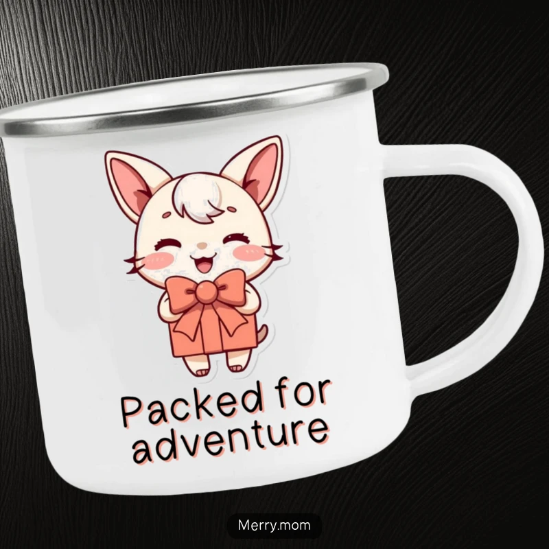 Funny camping mug featuring a joyful present character with a jauntily tied bow, perfect for outdoor drinks and adventures.