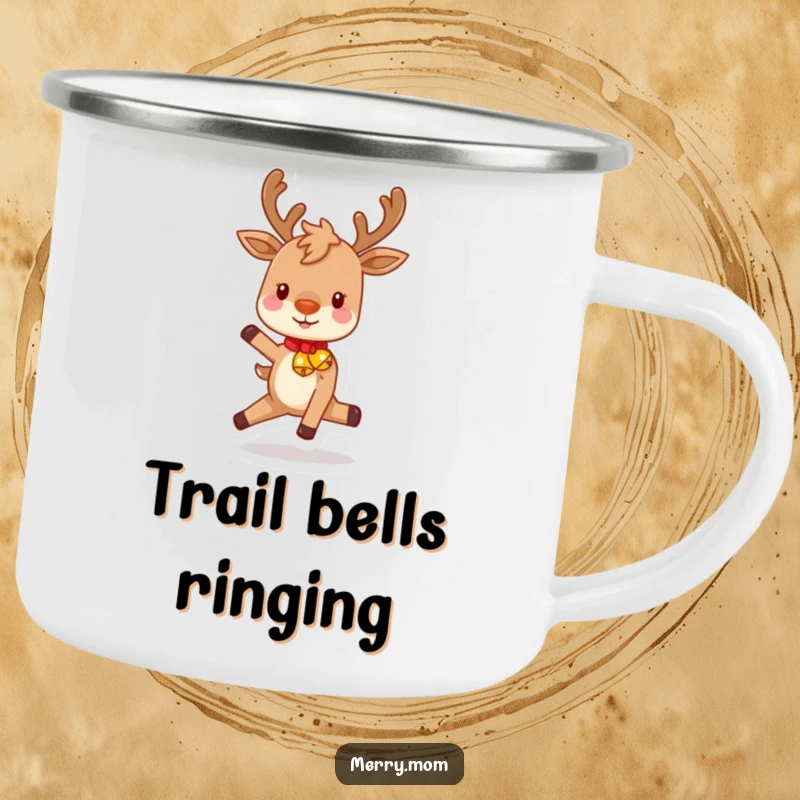 Funny camping mug featuring a playful reindeer with rosy cheeks and festive bells, prancing happily for your outdoor holiday adventures.