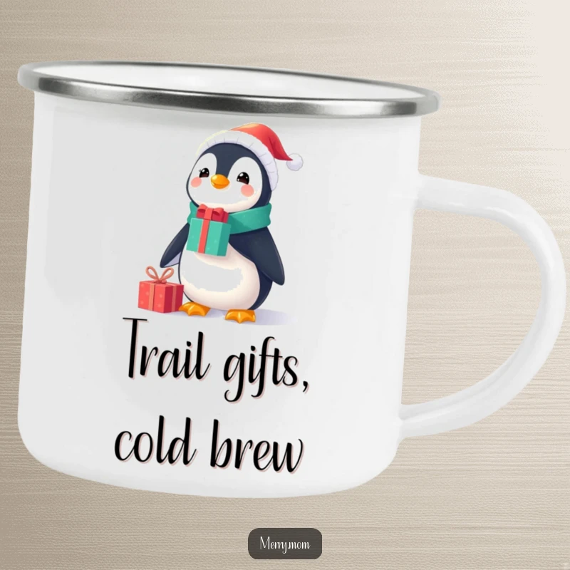Funny Christmas camping mug showing a cheerful penguin in a tiny Santa suit, balancing gifts on its nose, for adventurous holiday fun.