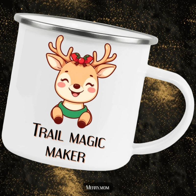 Funny enamel camping mug with a kawaii deer mom wearing holiday antlers, perfect for enjoying hot beverages outdoors.