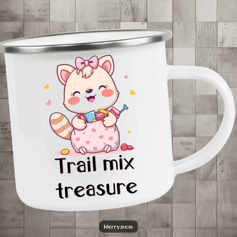 Funny, rugged camping mug featuring a happy animal with a gift bag full of treats, ideal for outdoor fun.