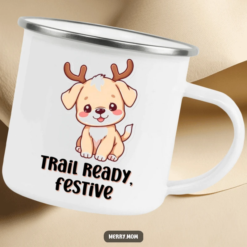 Funny kawaii puppy wearing antlers and wagging its tail on a durable camping mug for humorous outdoor adventures.