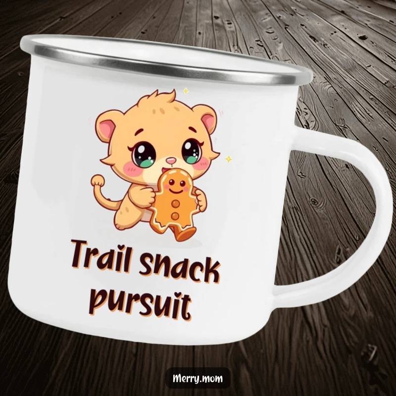 Funny camping mug with a cute creature displaying sparkling eyes, chasing a mischievous gingerbread cookie, perfect for outdoor fun.