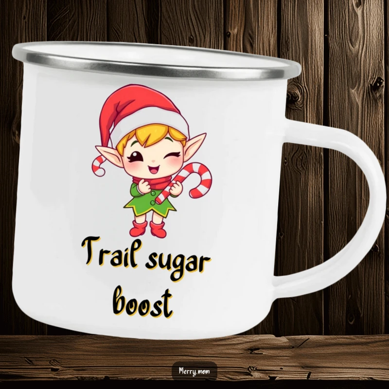 Funny camping mug featuring a merry elf winking while gifting a candy cane, perfect for outdoor fun.