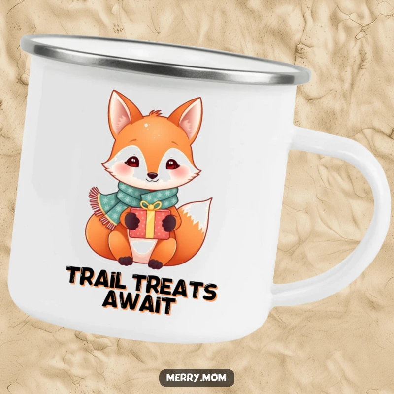 Funny festive fox in a sparkly scarf holding a gift box, rugged camping mug for outdoor adventures, holiday gift.