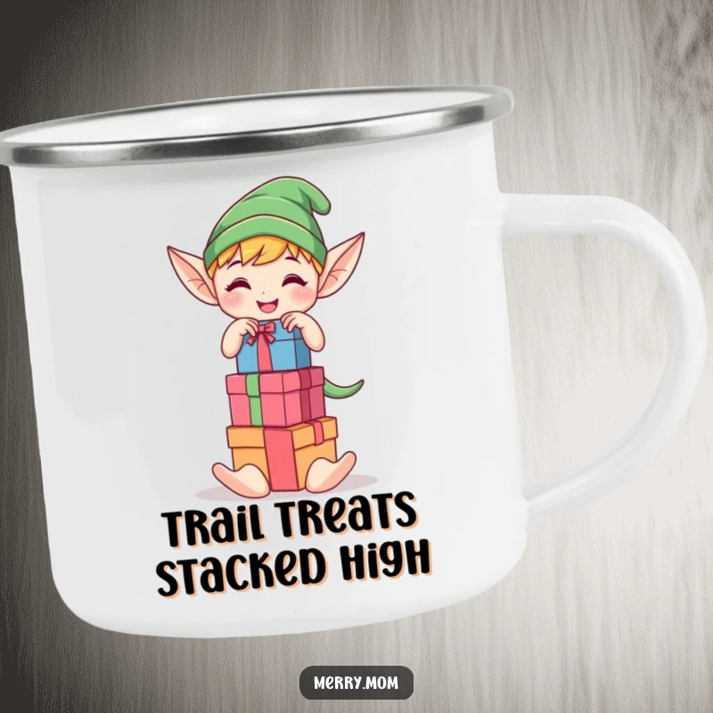 Funny Kawaii elf character joyfully stacking colorful gift boxes on a camping mug, ideal for humorous outdoor holidays.