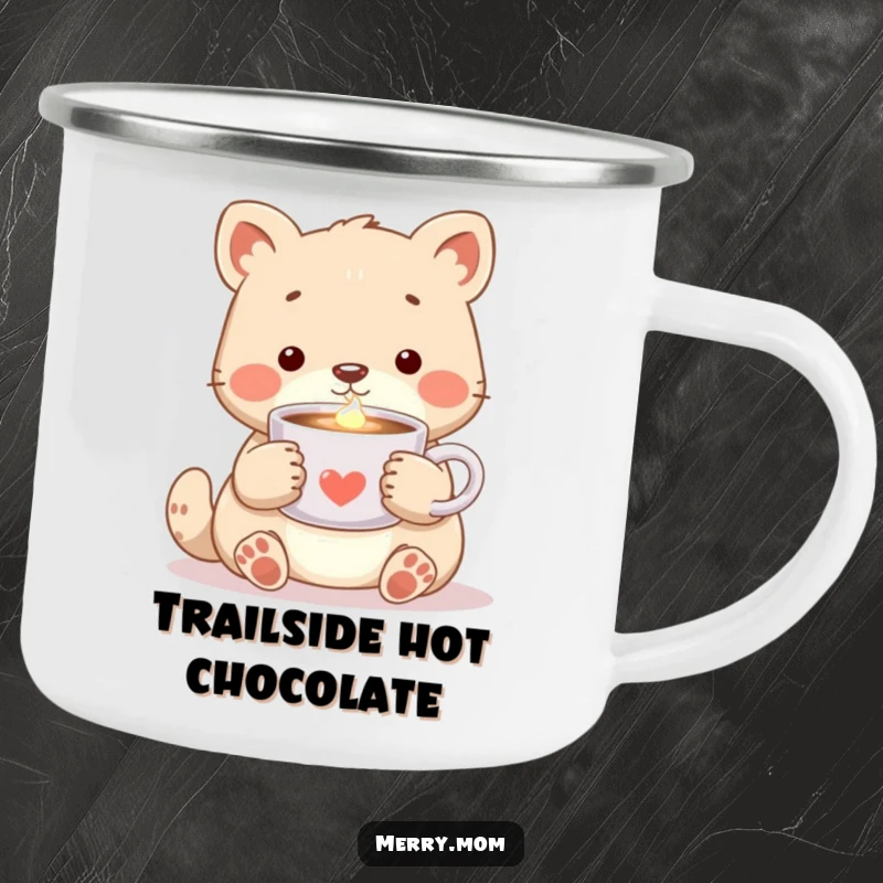 Cozy Animal Cocoa Camping Mug, sturdy enamel design showing an animal holding steaming cocoa with a warm, inviting glow.