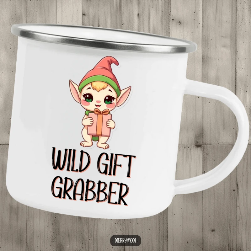Funny Elf Animal Camping Mug featuring a happy elf animal holding a wrapped gift, durable for outdoor adventures.