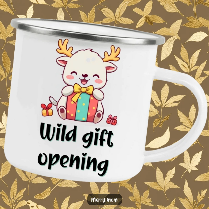 Funny camping mug with a cute creature wearing festive antlers, joyfully unwrapping a gift, perfect for holiday trips.