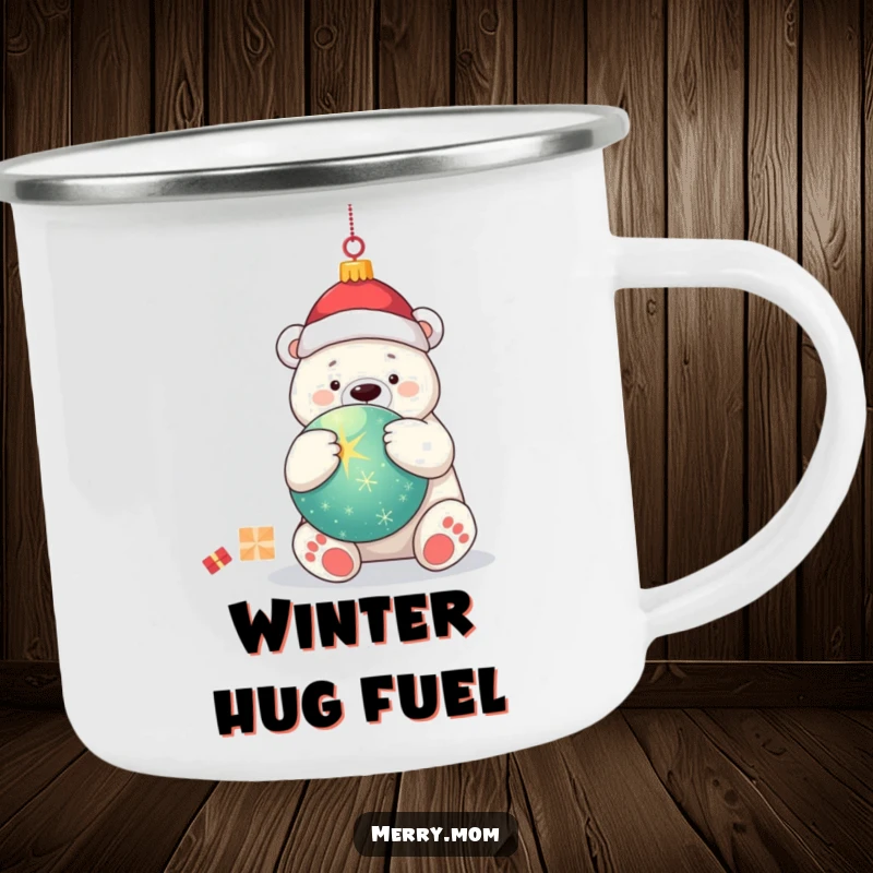 Funny kawaii polar bear hugging a large, sparkling Christmas ornament, featured on a durable and festive camping mug.
