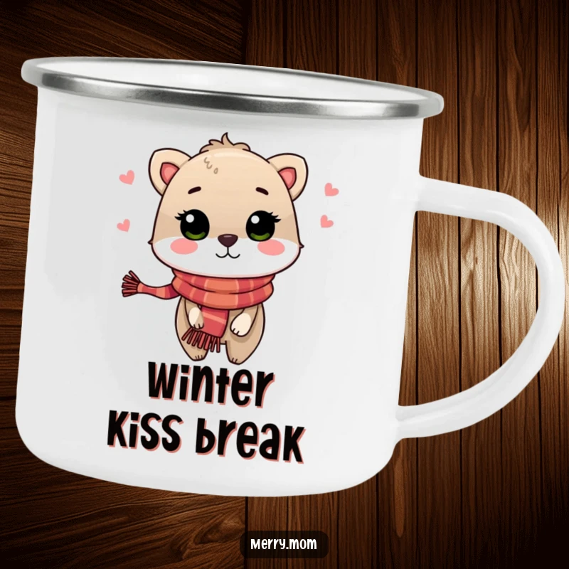 Festive Animal Kiss Camping Mug, sturdy enamel design showing an animal in a holiday scarf blowing a kiss.