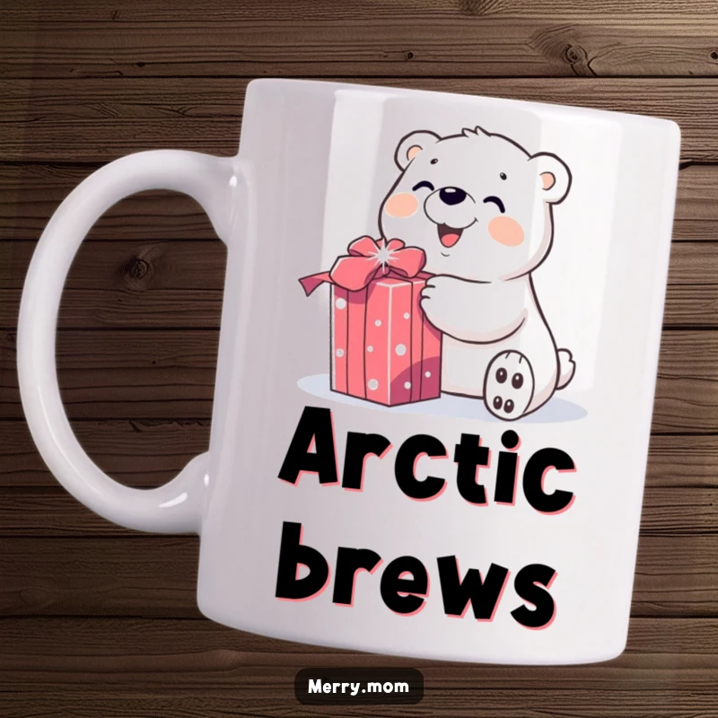 Funny mug of a smiling polar bear character gleefully unwrapping a sparkly gift, radiating pure excitement and holiday happiness.