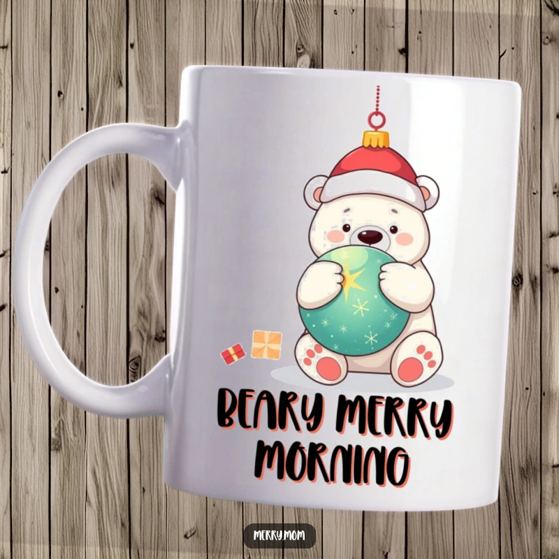 Funny kawaii polar bear with a sweet expression, joyfully hugging a large, twinkling Christmas ornament on a festive mug.