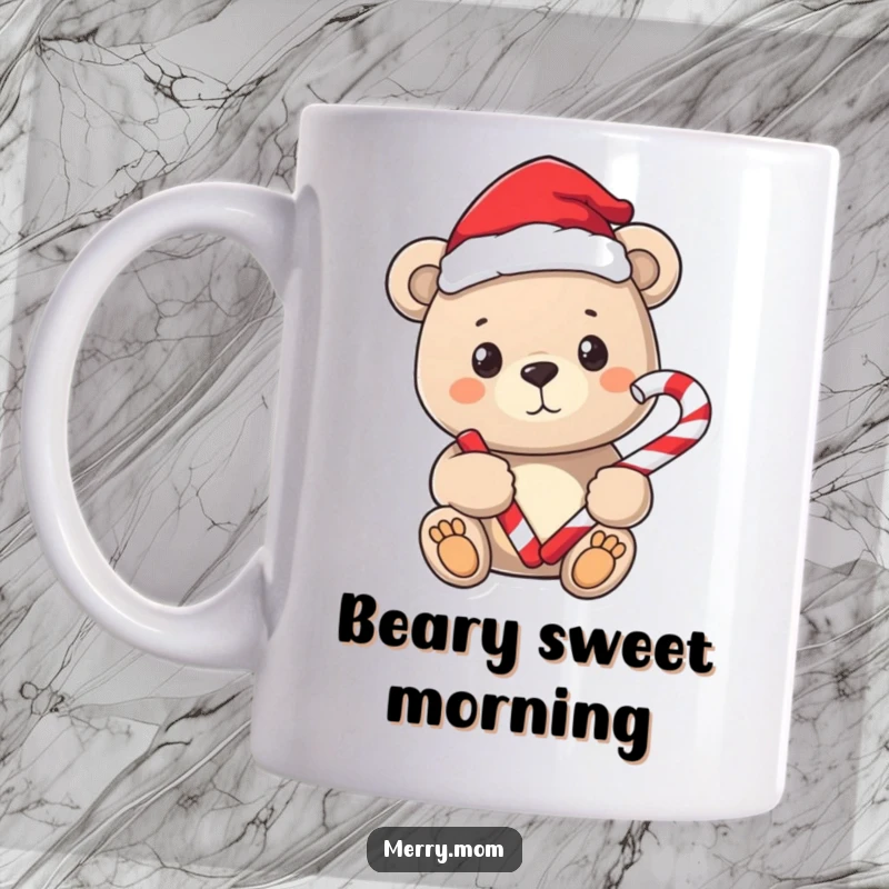 Funny mug featuring a sweet bear wearing a Santa hat, holding a candy cane with a gentle smile.