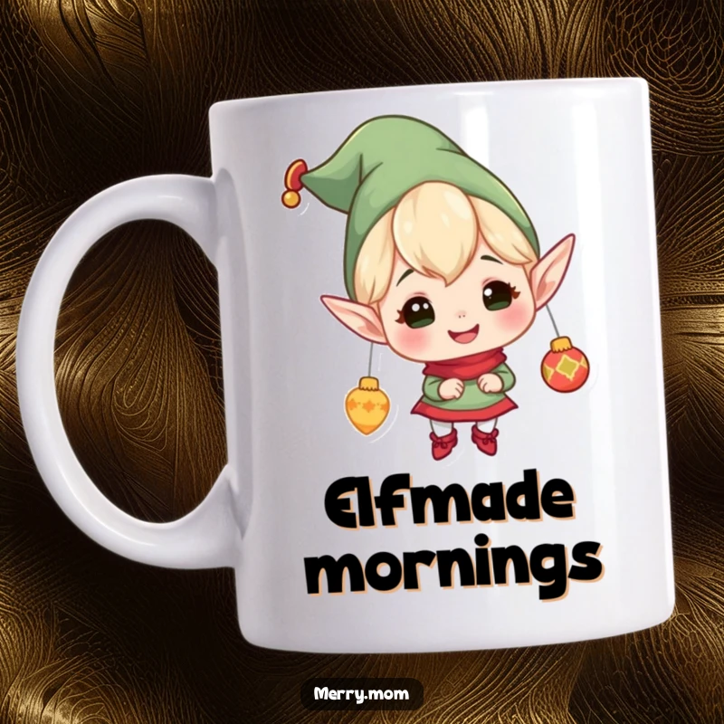 Funny mug of a cheerful elf character with pointy ears, gleefully hanging festive ornaments on a Christmas tree, full of holiday joy.