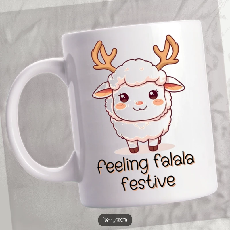Funny sheep wearing reindeer antlers with a big smile, celebrating Christmas joy on a ceramic mug, a perfect holiday gift.