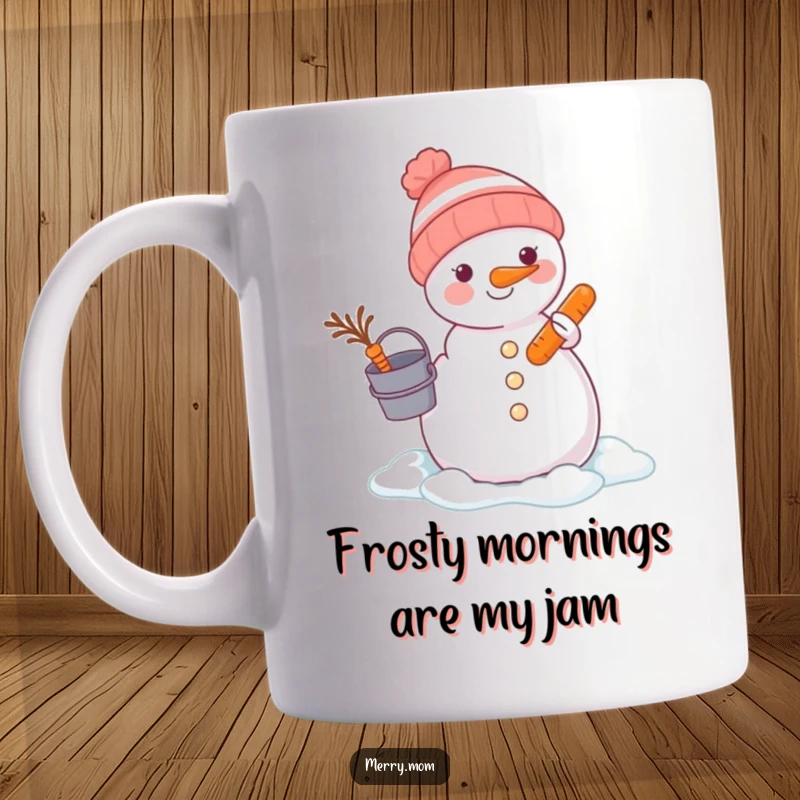 Funny animal with a bucket and carrot building a snowman on a mug, capturing the joy of winter creation.