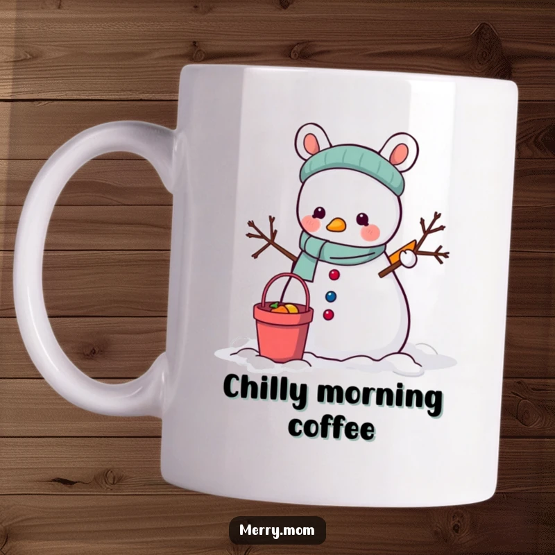Funny Mug: An adorable animal constructing a snowman using a bucket and carrot, enjoying winter creation.