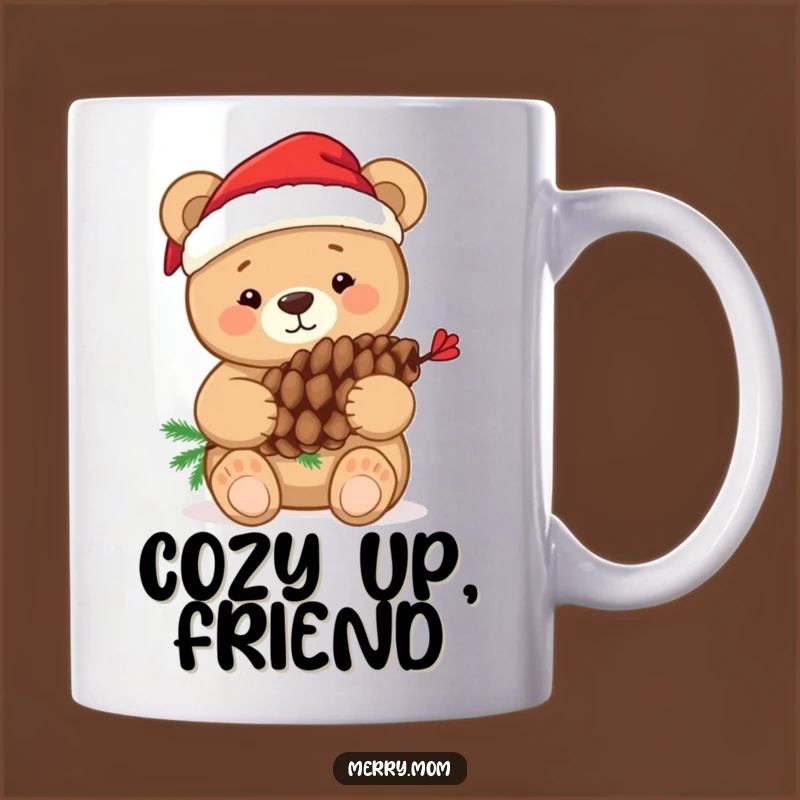Funny Bear Hugging Pine Cone Mug: Whimsical Christmas Gift for Cozy Moments