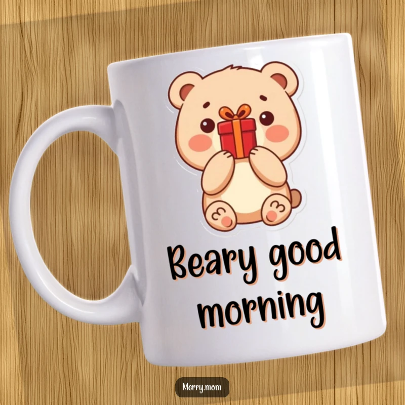 Funny little bear character holding a bright red present, printed on a mug, symbolizing joy and gifts.