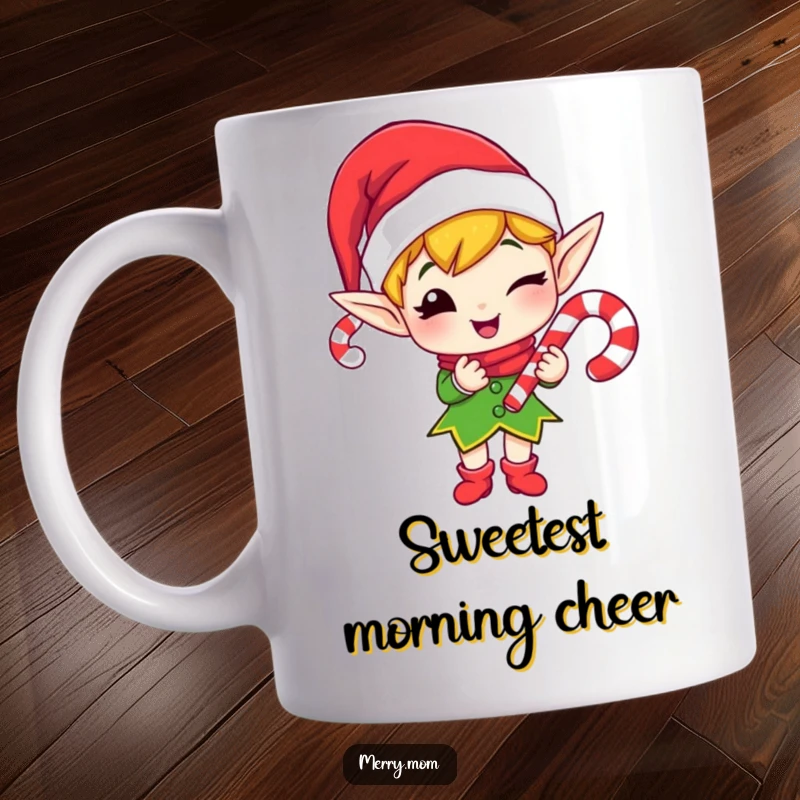 Funny mug featuring a merry elf character winking as he gifts a candy cane, spreading holiday joy.