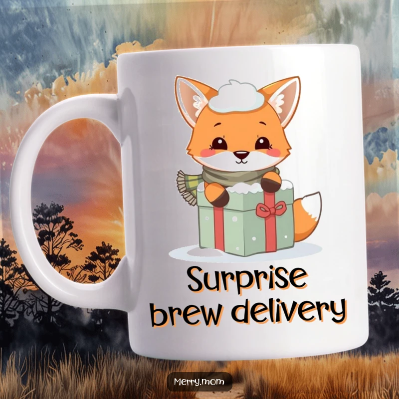 Funny mug with a playful fox wearing a scarf, peeking curiously from behind a snow-covered gift box.