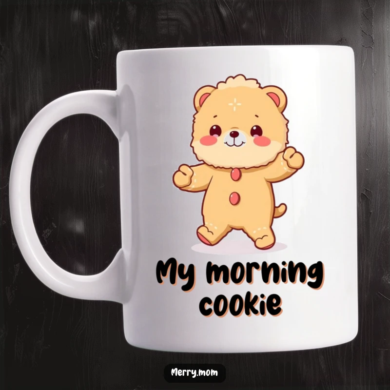 Funny mug featuring a fluffy animal dressed as a gingerbread man, joyfully doing a little jig dance.