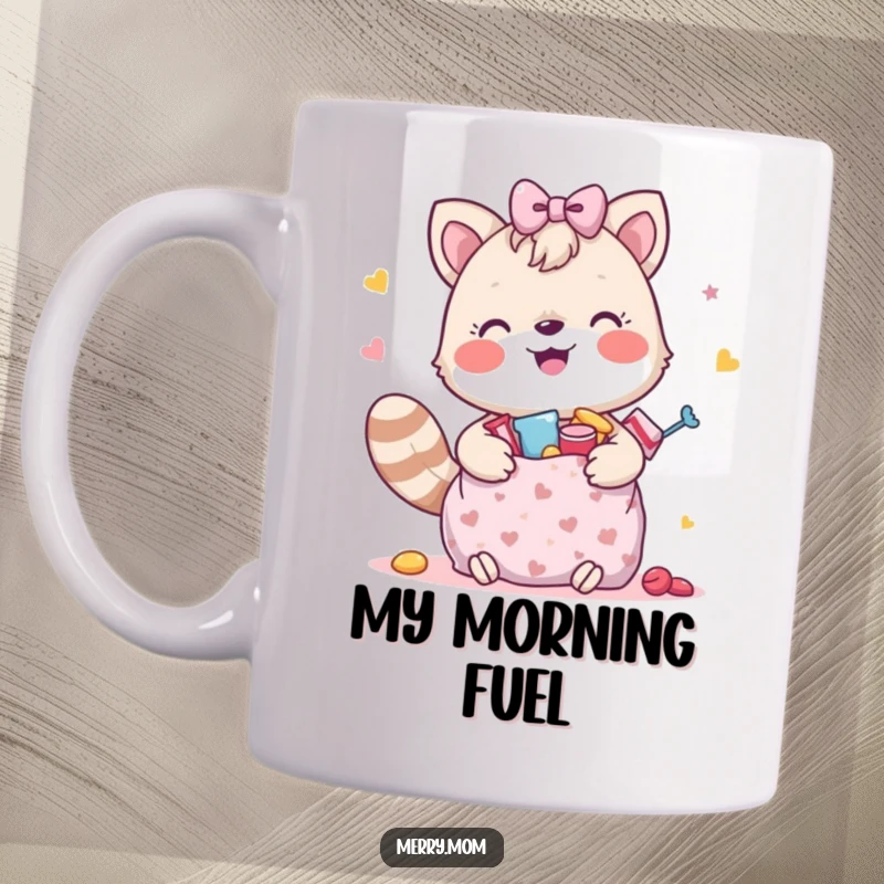 Funny mug showcasing a joyful animal with a gift bag overflowing with delicious treats, a celebration of happiness.
