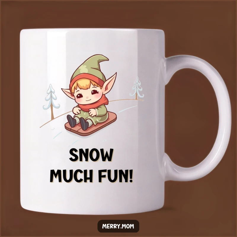 Funny Kawaii Elf Sliding Down Hill Mug: Adorable Gift for Winter Fun Lovers