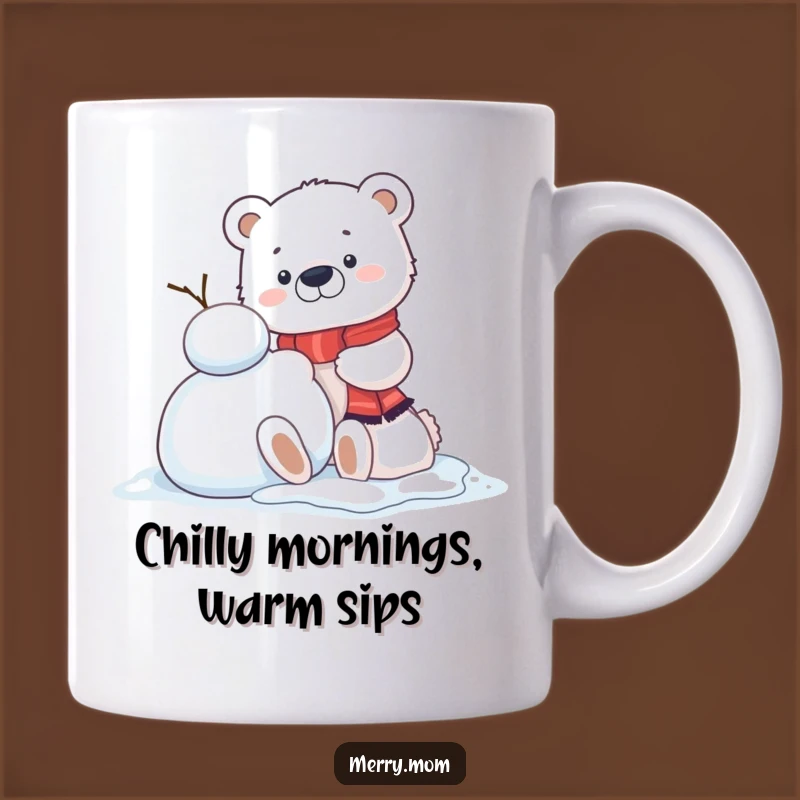 Funny Kawaii Polar Bear Cub Mug: Snowman Building Fun, Perfect Winter Gift