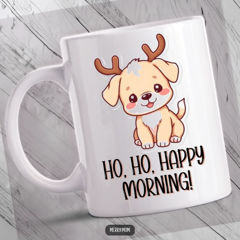 Funny kawaii puppy with antlers, wagging its tail joyfully, featured on a mug, spreading holiday cheer.