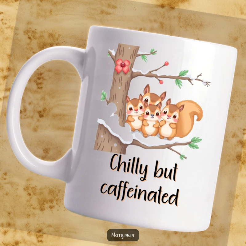 Funny kawaii squirrel family peeking from a snowy branch, depicted on a warm mug, perfect for winter.