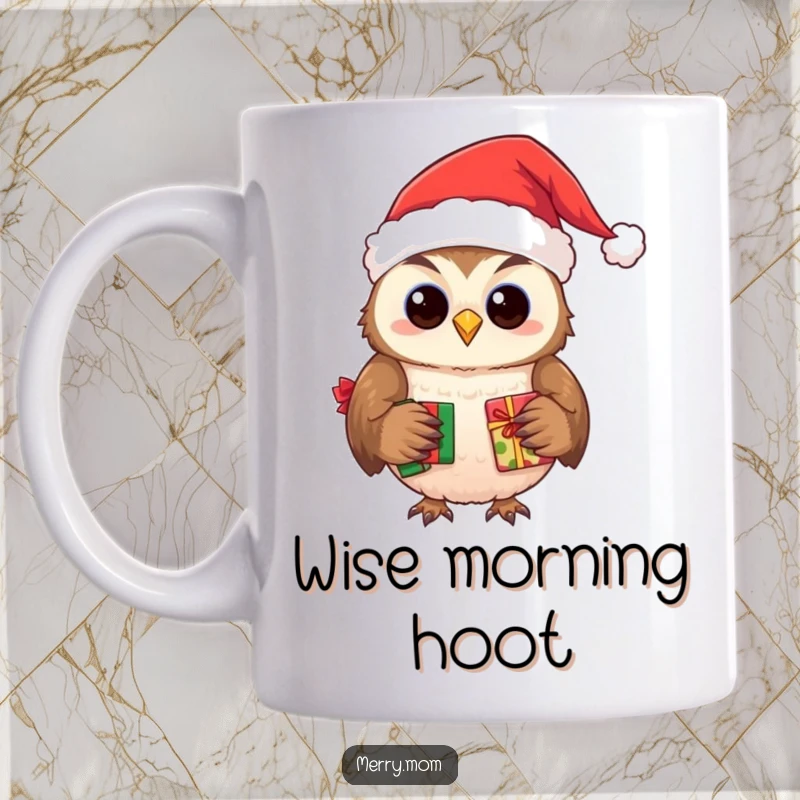 Funny mug featuring a smiling owl wearing a cozy Santa hat, delivering holiday presents with care.