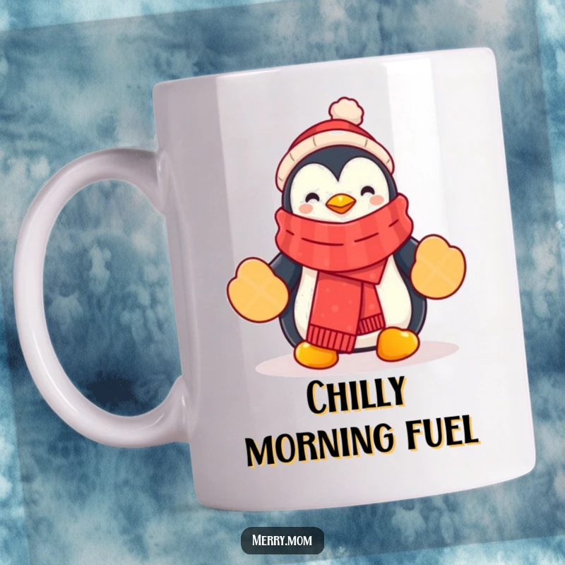 Funny Penguin Christmas Mug featuring a cartoon penguin dressed in a festive scarf and mittens, looking cheerful.