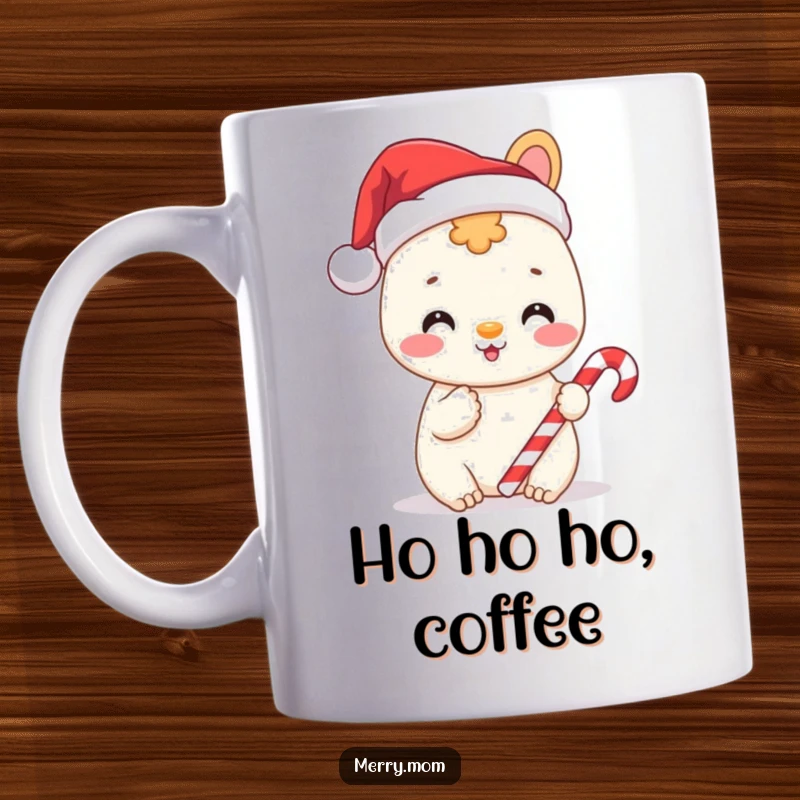Funny mug featuring a cheerful animal wearing a Santa hat and holding a candy cane, embodying holiday joy.