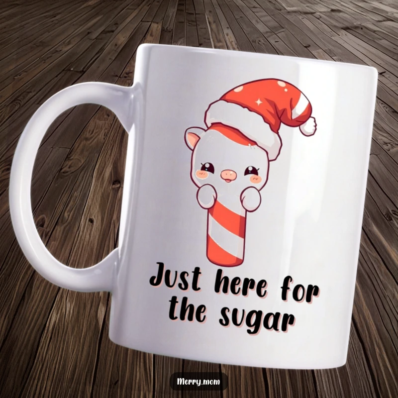 Funny Christmas mug with a cute creature wearing a Santa hat peeking from behind a giant candy cane, spreading holiday mischief and joy.