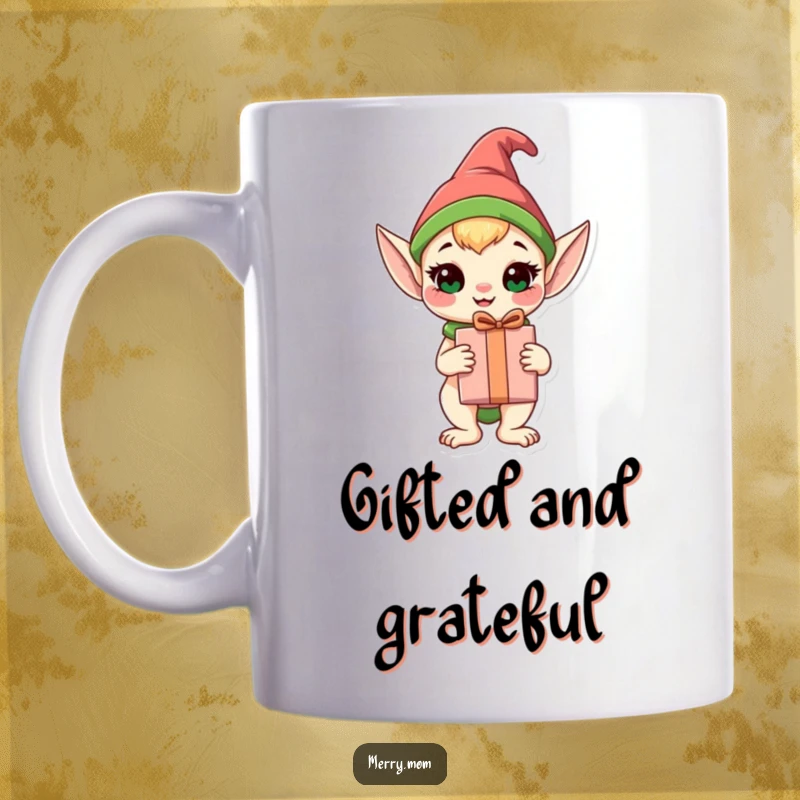 Funny Elf Animal Mug featuring a happy creature dressed as an elf, holding a wrapped gift, full of holiday spirit.