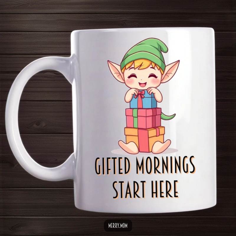 Funny Kawaii elf character joyfully stacking colorful gift boxes on a mug, perfect for holiday gifting humor.